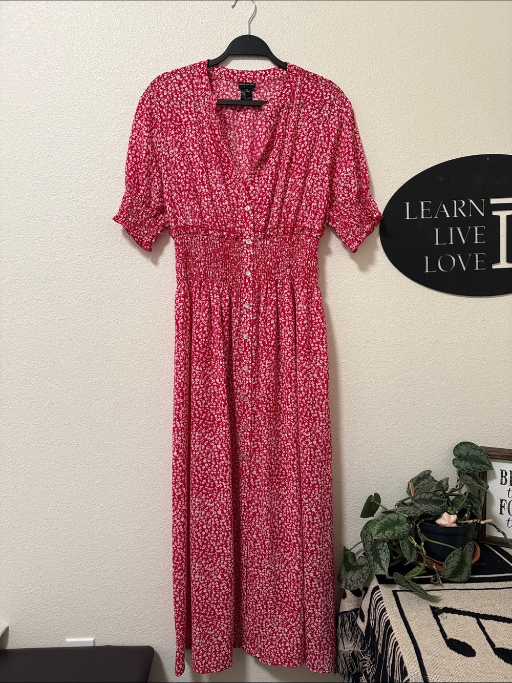 Red Floral Button-Front Smocked Waist Maxi Dress